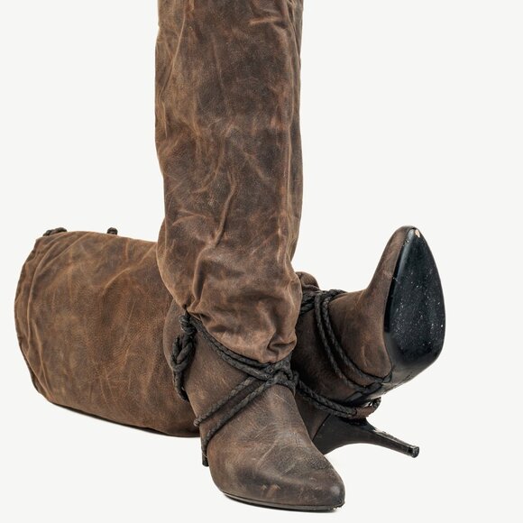 Givenchy Taupe Grey Wax Textured Leather Knotted-Rope Heeled Boots - Picture 4 of 10